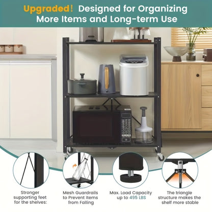 3 Tier Foldable Storage Rack with Wheels Heavy Duty Black Iron Shelving Unit for Garage Kitchen Pantry Utility Multi-Purpose Organizer