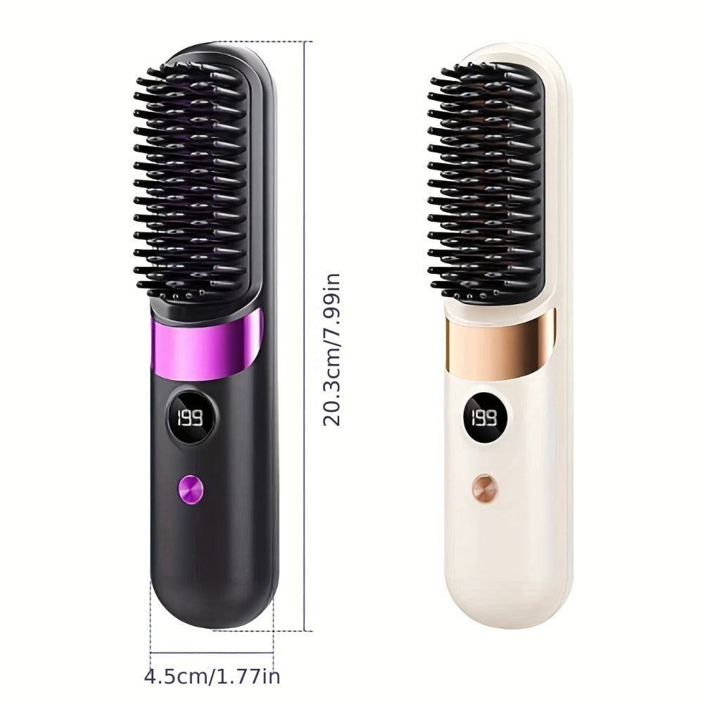 Wireless Hair Straightener Comb USB Rechargeable | Cordless Straightening Brush with Negative Ion, 3-Speed Temp Control, LED Display – Travel Hair Styler