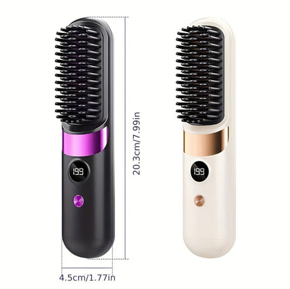 Wireless Hair Straightener Comb USB Rechargeable | Cordless Straightening Brush with Negative Ion, 3-Speed Temp Control, LED Display – Travel Hair Styler