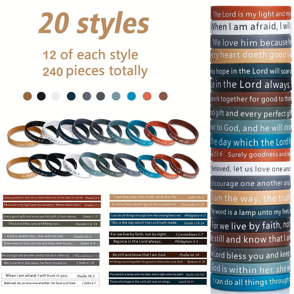 240pcs Bible Verse Silicone Wristbands Bulk – Christian Motivational Bracelets for Baptism, Wedding, Easter, Father's Day Religious Gifts Unisex