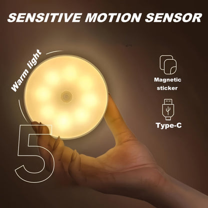 Motion Sensor Night Light 8 LED USB Rechargeable Built-in Battery Eye Protection Wireless Cabinet Light for Stairs Bedroom Closet Garage