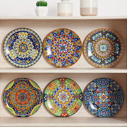Bohemian Dinner Plates Set of 6 – 10.5 Inch Colorful Stoneware Plate Set Microwave Dishwasher Safe Scratch Resistant Porcelain Dinnerware for Home Restaurant Cafe Boho Kitchen Decor Gift