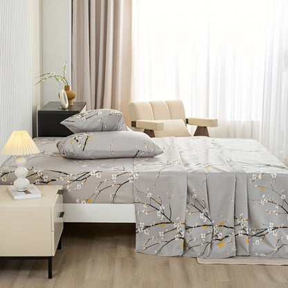 Fitted Sheet Set 4-Piece Plum Blossom Floral Print | Deep Pocket 15" Bed Sheets Twin Full Queen King | Soft Polyester Bedding Set with 2 Pillowcases, All-Season Machine Washable