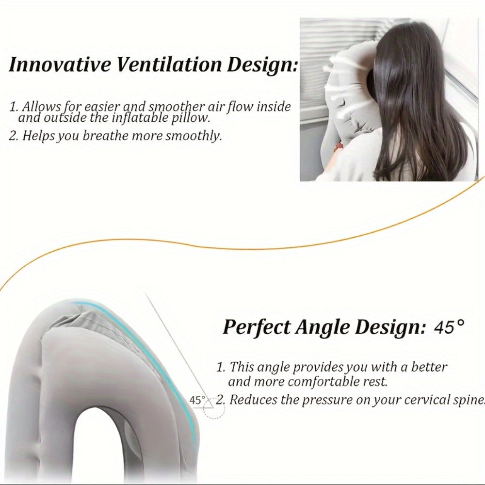 Inflatable Travel Pillow with Carrying Case – Ergonomic Neck & Head Support for Airplane, Car, Train, Office Nap & Camping, Compact Lightweight Flocking Fabric Pillow