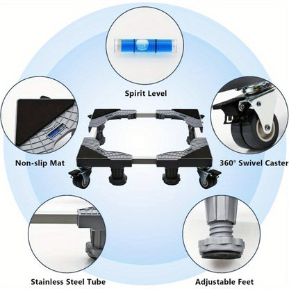Appliance Mobile Base Stand Adjustable Double Pipe 4 Locking Wheels 4 Strong Feet Furniture Dolly for Washer Dryer Washing Machine Refrigerator Pedestal Grey Large