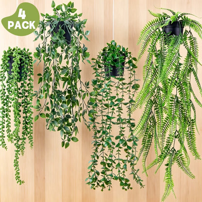 Artificial Hanging Plants 4 Pack – Fake Trailing Vines for Indoor Outdoor Wall Shelf Room Decor, Realistic Faux Rose Greenery Hanging Basket Decoration