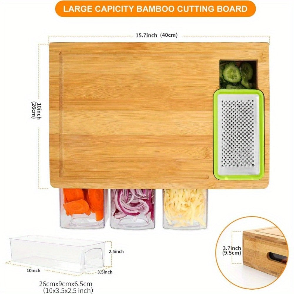 Bamboo Cutting Board with Trays & Drawers – Large Butcher Block Chopping Board with Food Sliding Opening, Stackable Airtight Storage Trays & Bamboo Lids – Kitchen Carving Board Gift for Home Cooks