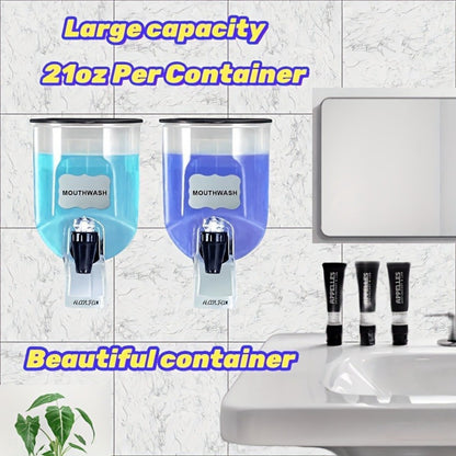 Mouthwash Dispenser Wall Mounted 2-Pack 21 oz Plastic Container - No Electricity Required, Space Saving Bathroom Organizer for Countertop Storage, Durable Refillable Liquid Soap & Rinse Dispenser