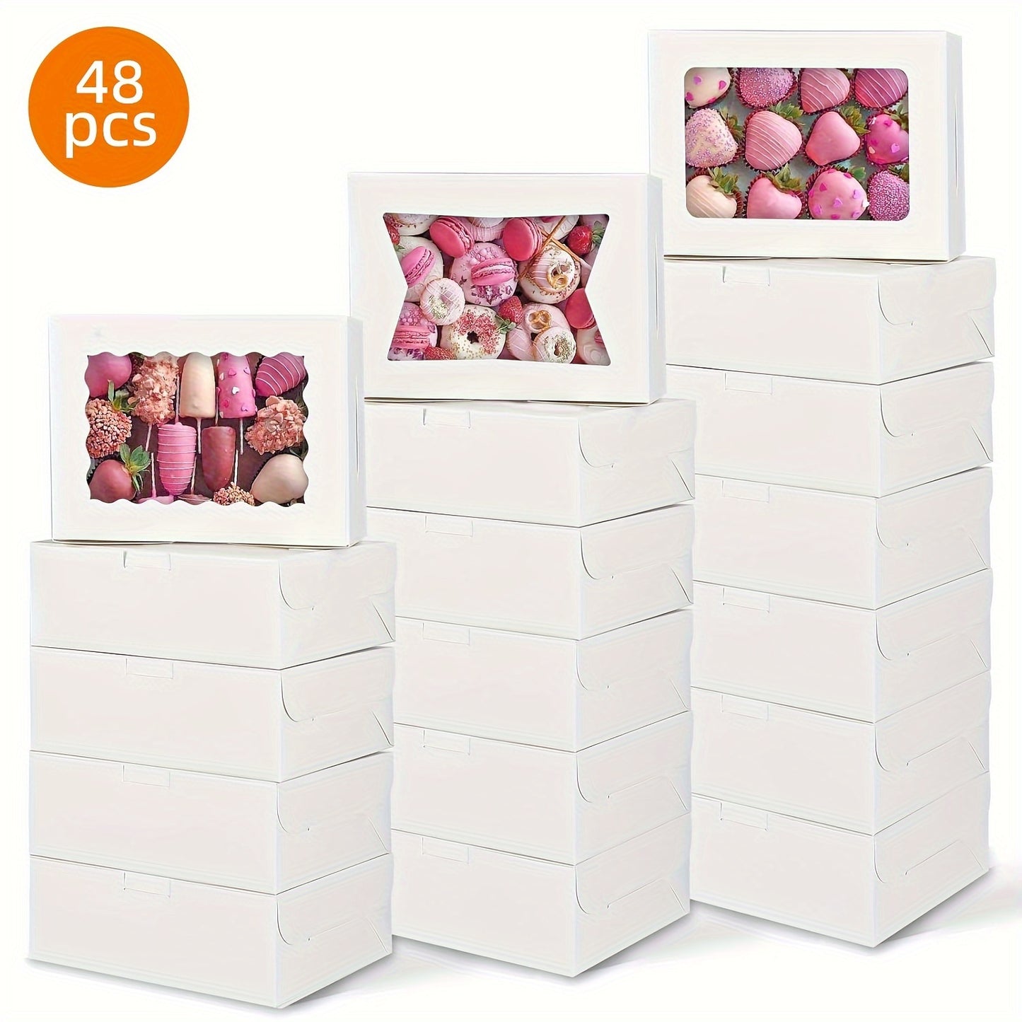 Cookie Boxes with Window 48 Pack – 8x6x2.5" Kraft Bakery Treat Boxes for Cookies, Macarons, Pastries & Cake, Brown & White Cardboard Gift Boxes for Birthday, Wedding & Holiday Packaging