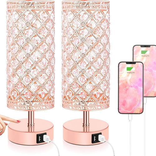 Crystal Bedside Table Lamp with Touch Control & 2 USB Charging Ports, 3-Way Dimmable Nightstand Lamp with Decorative Crystal Base, LED Bulb Included, for Bedroom Living Room Office
