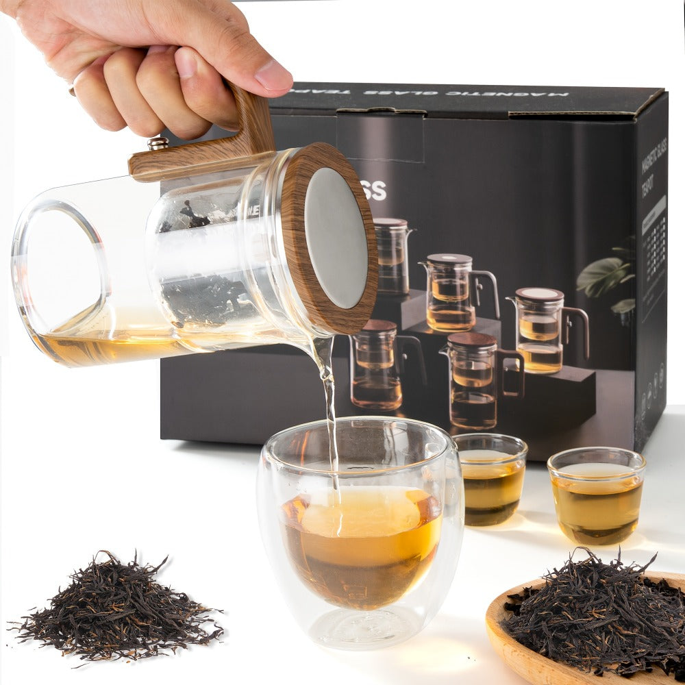 Glass Teapot with Infuser & Wooden Handle – Borosilicate Tea Kettle, One-Button Tea-Water Separation, Drip-Free Spout, 27oz for Loose Leaf & Blooming Tea, Holiday Gift for Men & Women