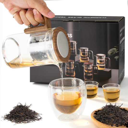 Glass Teapot with Infuser & Wooden Handle – Borosilicate Tea Kettle, One-Button Tea-Water Separation, Drip-Free Spout, 27oz for Loose Leaf & Blooming Tea, Holiday Gift for Men & Women