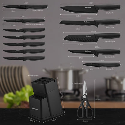 Kitchen Knife Set – 3-Piece & 14-Piece Multi-Purpose Chef’s Knife, Steak Knife, Fruit Knife & Scissors with Storage Block, Black