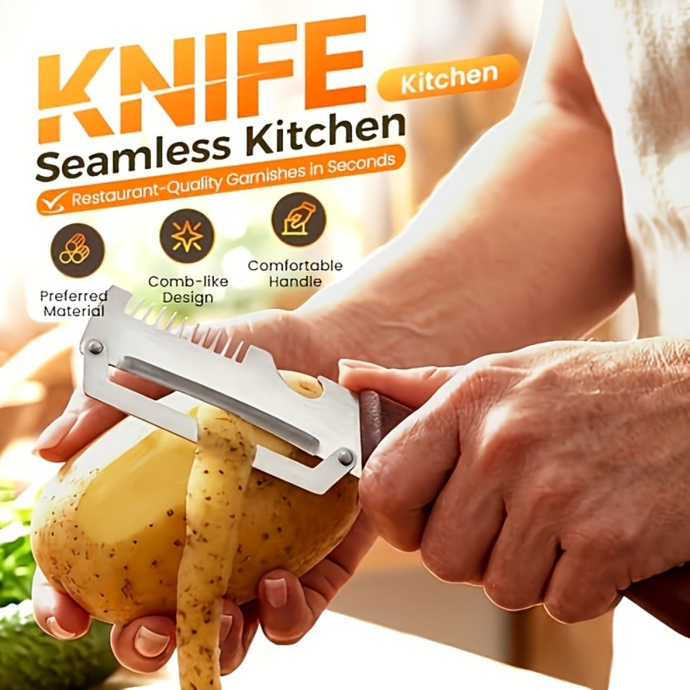 Stainless Steel Vegetable Peeler Set 2pcs – Multi-functional Kitchen Peeler with Scallion Cutter, Straight Blade, Wooden Handle & Bottle Opener