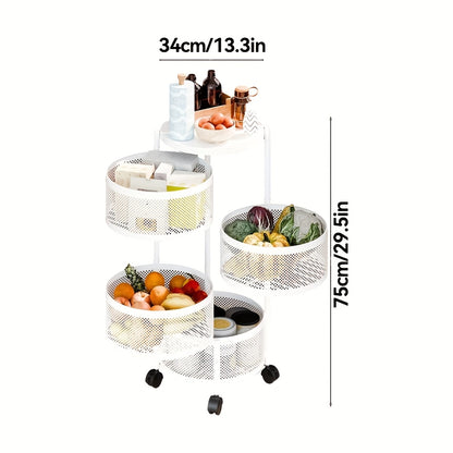 Rotating Storage Rack Multi-Tier Rolling Cart – 360° Swivel Round Floor Standing Organizer with 4 or 5 Layers, Vegetable Basket & File Rack for Kitchen, Bathroom, Office & Living Room (Black / White)