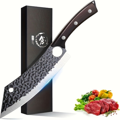Butcher Knife 8 Inch Hand Forged High Carbon Steel Cleaver – Meat & Vegetable Chopping Knife with Finger Hole, Wooden Handle