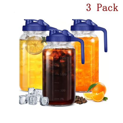 64oz Mason Jar with Handle and Lid 2/3 Pack – BPA-Free Borosilicate Glass Beverage Carafe, Leak-Proof Drinking Jar for Juice, Water, Iced Tea