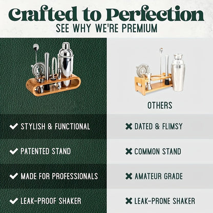 Bartender Set 10-Piece Stainless Steel Cocktail Shaker Bar Tool Kit with Bamboo Stand Home Bar Accessories Housewarming Father's Day Gift