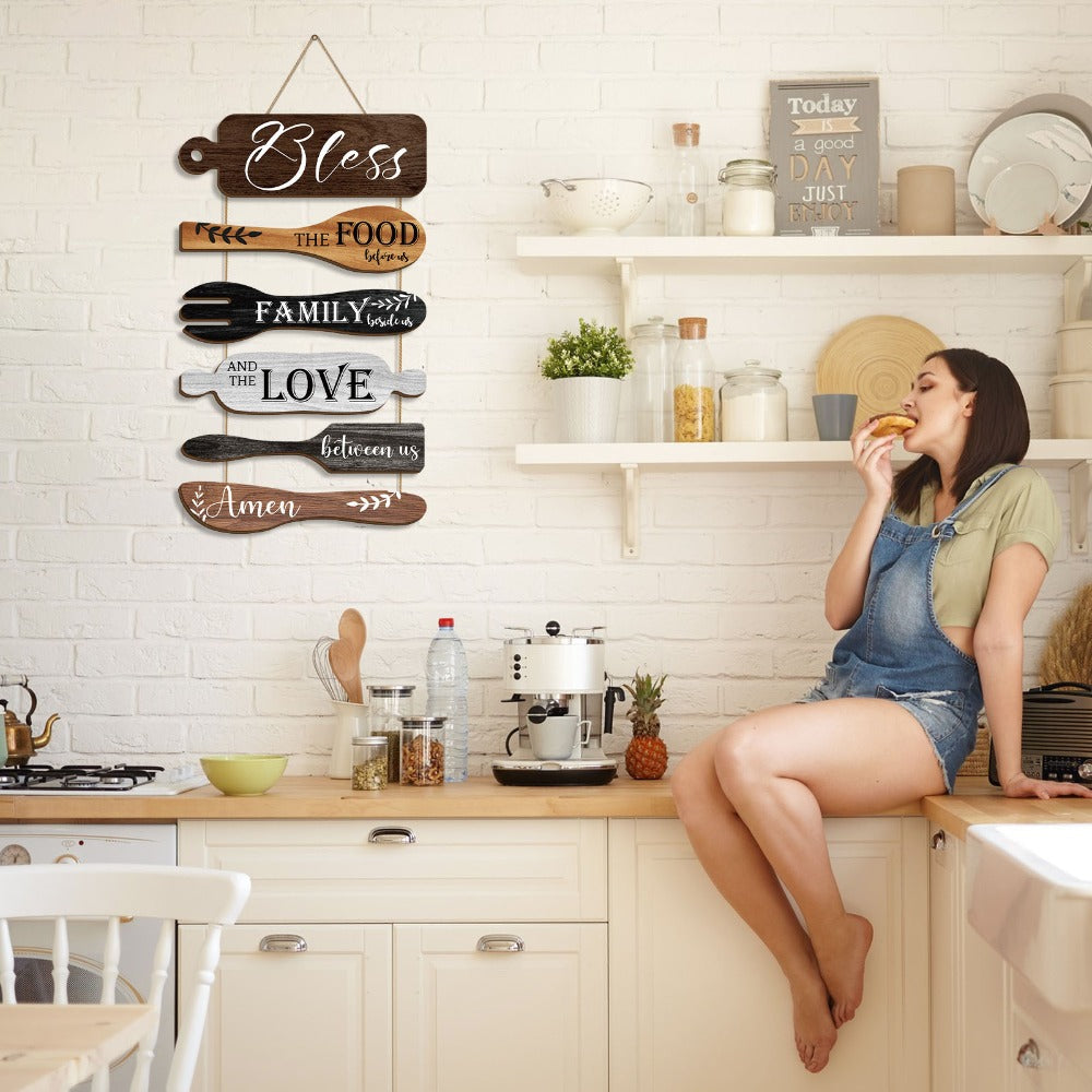Farmhouse Wall Decor Wood Sign Set - "Bless The Food Before Us" Rustic Kitchen Dining Room Hanging Plaque, 6-Piece Rope Wood Board Art, Housewarming Thanksgiving Gift for Home