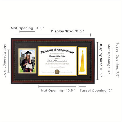 Diploma Frame 11x22 with Tassel Holder for 8.5x11 Certificate and 5x7 Photo, Mahogany Frame with Gold Beads, Black Mat over Gold, HD Glass, Graduation Gift