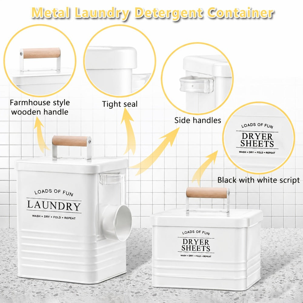 Laundry Pod Container & Dryer Sheet Holder Set with Scoop – Metal Farmhouse Laundry Room Organizer, Detergent Dispenser & Soap Storage