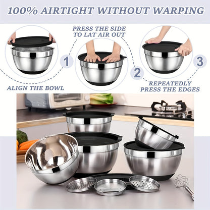 Stainless Steel Mixing Bowl Set with Airtight Lids & Non-Slip Silicone Base, 8-Piece Nesting Bowls for Baking Cooking Serving, Dishwasher Safe Kitchen Mixing Bowls with Lids for Food Storage
