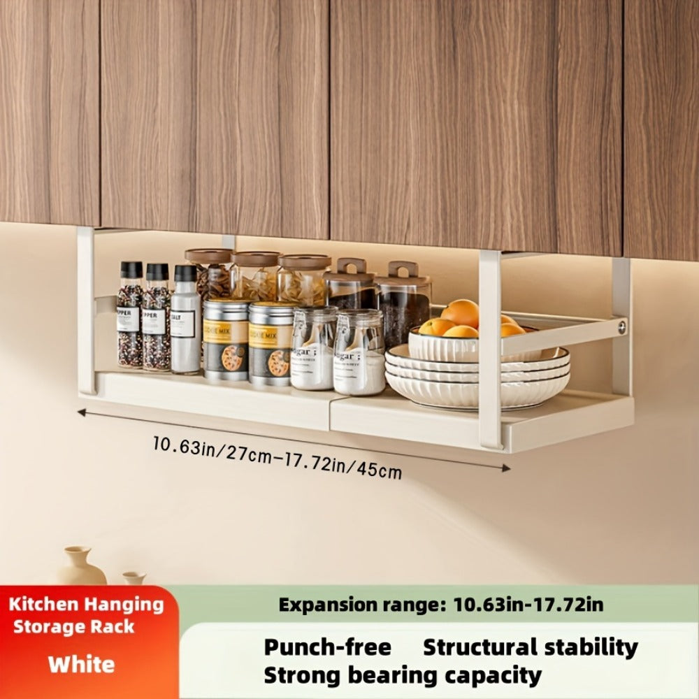 Expandable Cabinet Shelf Organizer Riser – Height Adjustable Retractable Rack with Suction Cup Base for Kitchen Pantry Cupboard Under Sink Countertop, Heavy Duty Metal Space Saver, Stackable Storage