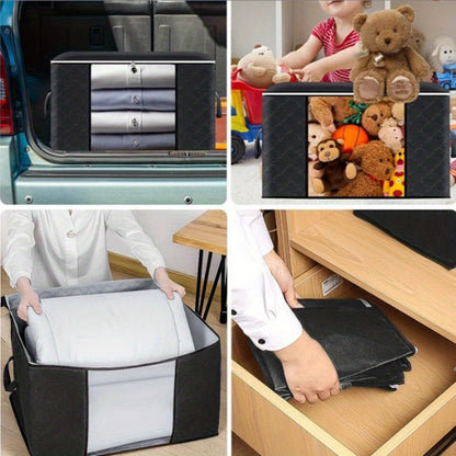 Large Capacity Storage Bags 4-Pack – 23.78 Gallon Foldable Closet Organizer Bins with Reinforced Handles for Clothing, Blankets, Comforters, Bedding & Under-Bed Storage – Black & Gray