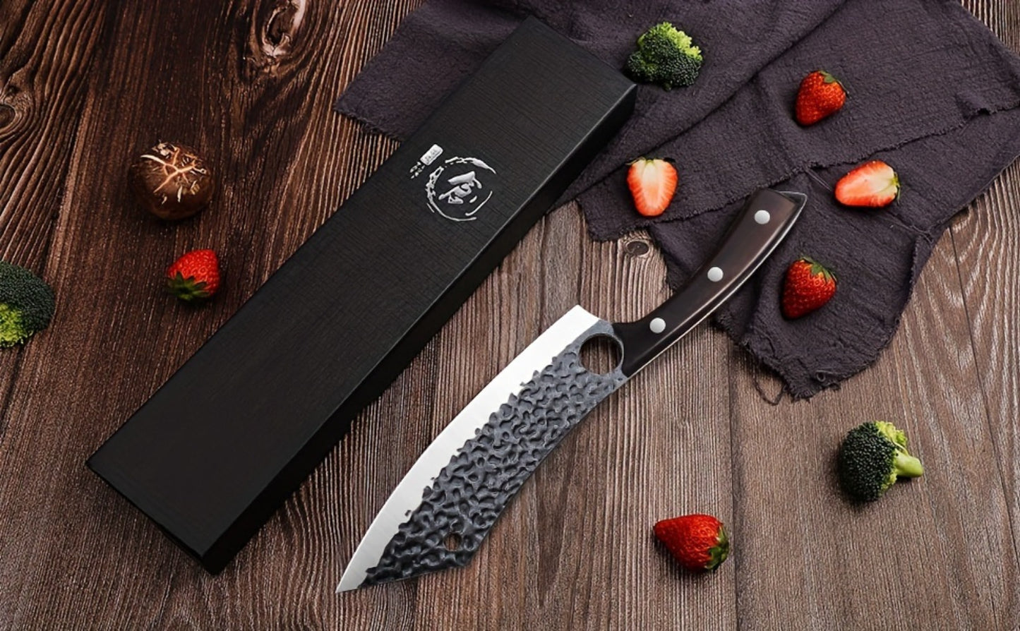 Butcher Knife 8 Inch Hand Forged High Carbon Steel Cleaver – Meat & Vegetable Chopping Knife with Finger Hole, Wooden Handle