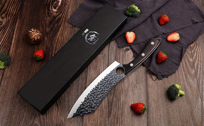 Butcher Knife 8 Inch Hand Forged High Carbon Steel Cleaver – Meat & Vegetable Chopping Knife with Finger Hole, Wooden Handle