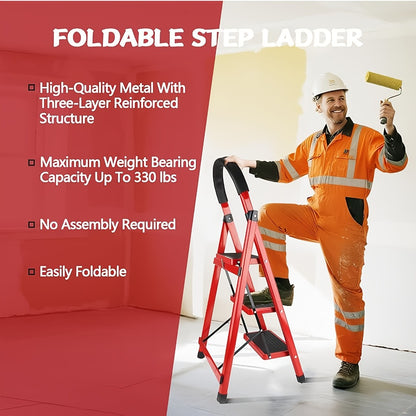 Folding Step Ladder with Anti-Slip Pedals & Handrail – 2/3/4/5 Step Stool for Adults, Sturdy Steel, Lightweight Portable, Non-Slip Feet, Rust-Resistant, Foldable for Home Kitchen Office Bedroom Use