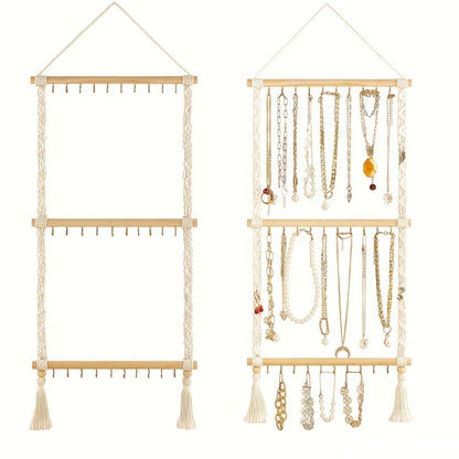 Boho Jewelry Organizer Wall Mount Hanging Rack Hand Woven Tassel Necklace Earring Bracelet Holder 30 Hooks Bedroom Decor Display Stand