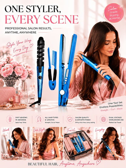 3-in-1 Hair Styling Set Flat Iron Curling Iron & Styling Comb, Anti-Scald Hair Straightener & Curler for Big Waves Straight Hair Curls, Professional Hair Tools Gift for Women, Mother's Day Birthday