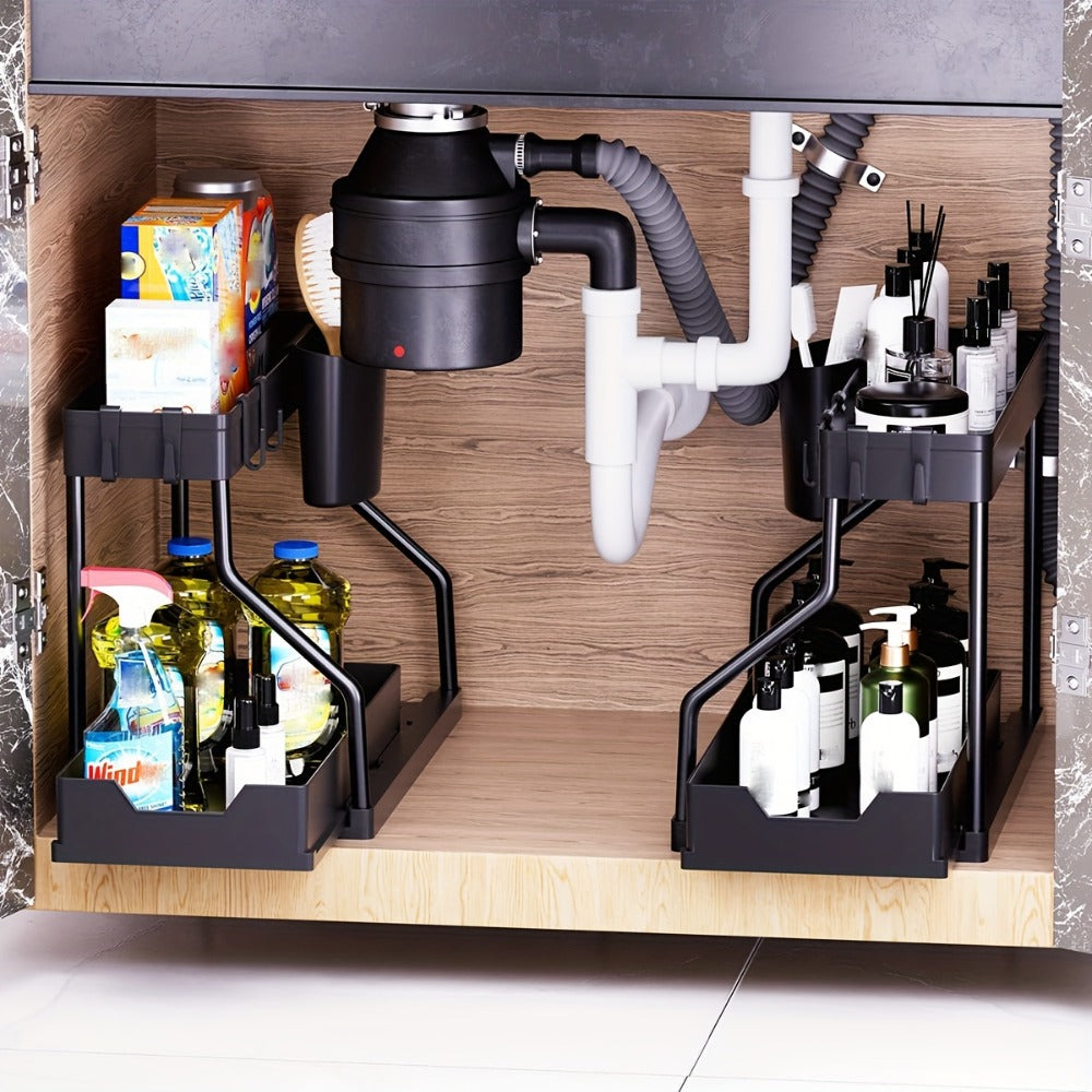 Under Sink Organizer 2pcs with Sliding Shelves – Durable Pull-Out Cabinet Storage for Bathroom Kitchen Space Saving Vertical Design