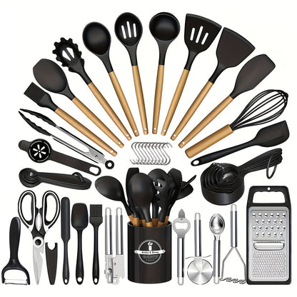 Silicone Kitchen Utensils Set 45pcs – Cooking Utensils for Nonstick Cookware, Stainless Steel Handle Spatulas, Heat Resistant Kitchen Gadgets & Tools, Pots and Pans Accessories, Black