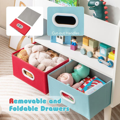 Kids Bookshelf 3-Tier with 2 Fabric Bins Open Compartments Anti-Tip Safety Design Sturdy MDF Children Book Organizer Display Rack for Playroom Nursery Classroom Bedroom Toddlers Age 3+