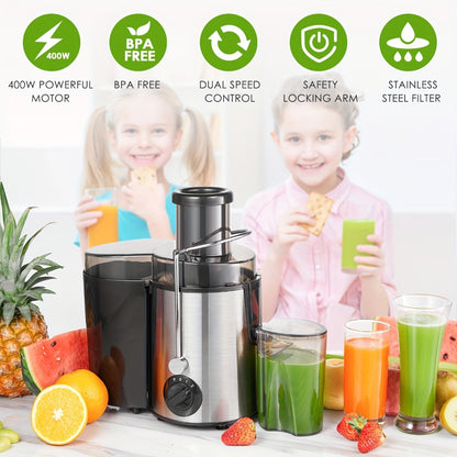 Centrifugal Juicer Machine 400W Wide Mouth Whole Fruit Vegetable Juice Extractor Stainless Steel BPA Free Easy Clean Nonslip Feet Silver