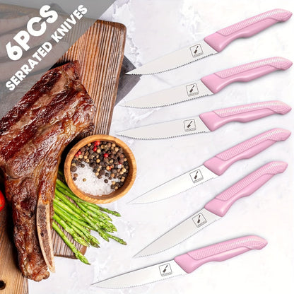 Knife Block Set 14 Piece Pink – Japanese Stainless Steel Kitchen Knife Set with Built-in Sharpener, Non-Slip Ergonomic Handles, Dishwasher Safe, Perfect Holiday & Housewarming Gift for Women