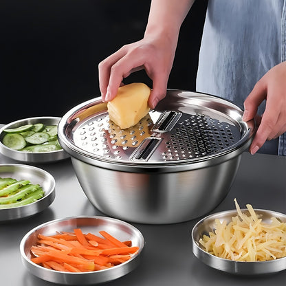Stainless Steel Kitchen Tool Set 3pcs – Built-In Grinder, Colander Filter & Mixing Bowl for Washing, Slicing & Draining Fruits, Vegetables & Cheese, Food-Safe Drainage System