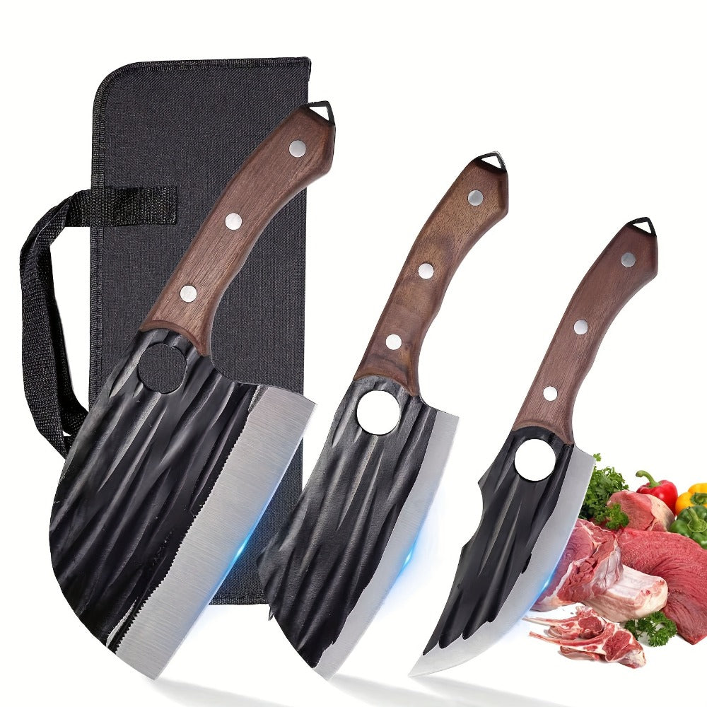 Viking Hand-Forged Butcher Knife Set – High Carbon Steel Meat Cleaver, Boning & Carving Knife, Vegetable Knife for BBQ & Camping, with Carrying Case