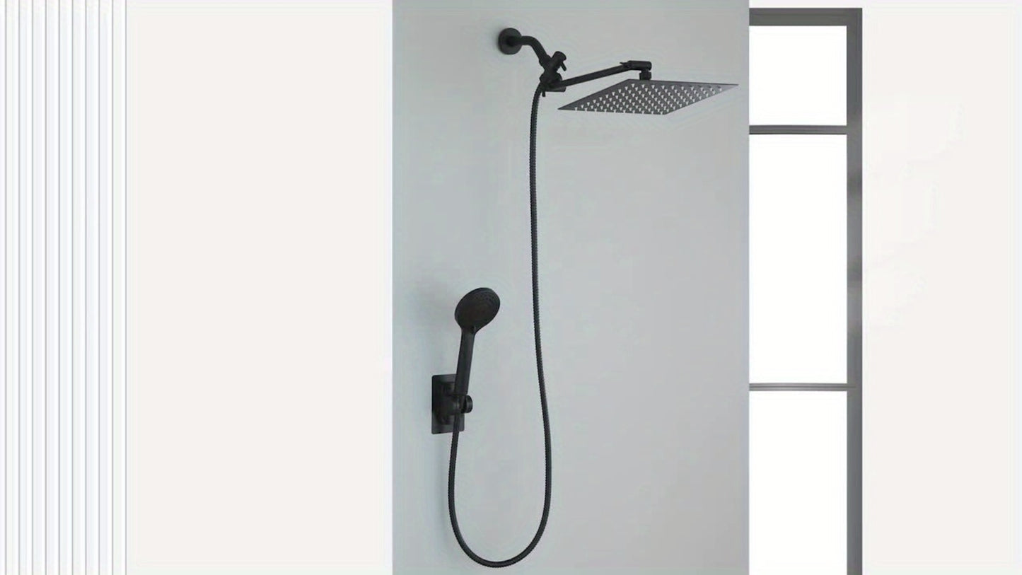 Rainfall Handheld Shower Combo 9-Setting – High Pressure 11" Extension Arm Leak-Proof Wall Mount 8 10 12 Inch Chrome Black
