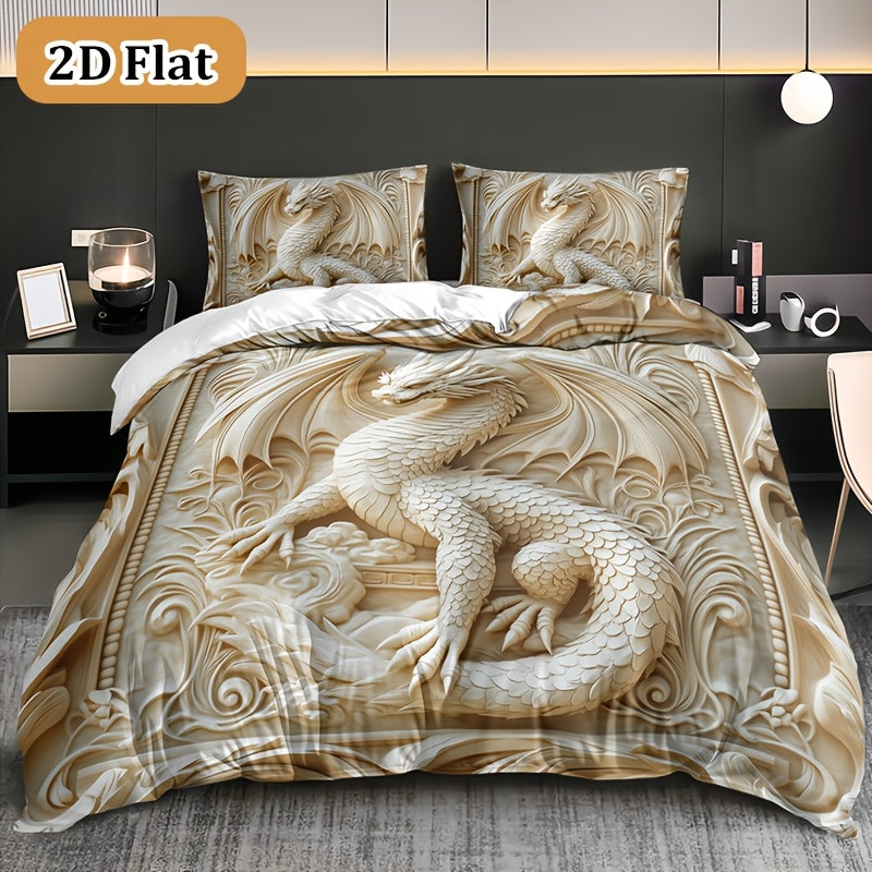 Dragon Print Duvet Cover Set 3-Piece – Boho Dragon Totem Bedding, Soft Polyester Comforter Cover with 2 Pillowcases, Twin Full Queen King, Dorm Room Decor
