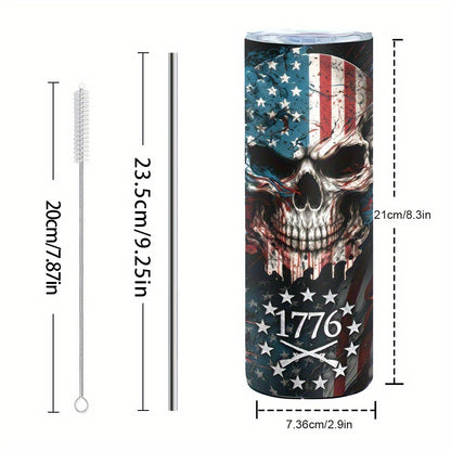 Skull Tumbler 20oz Patriotic Skull Pattern Stainless Steel Insulated Cup with Lid & Straw Travel Coffee Mug Hot Cold Drinks Gift Birthday Halloween Christmas