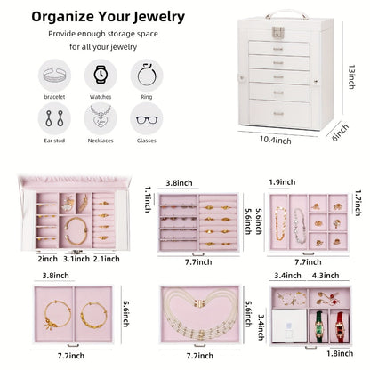 Jewelry Box 6 Tier with 5 Drawers Mirror & Lock | Large Jewelry Organizer Storage Case Gift for Women