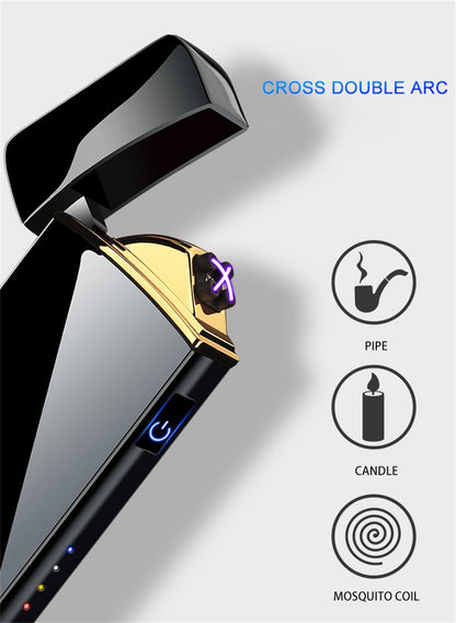 Electric Plasma Lighter USB Rechargeable – Windproof Dual Arc, LED Power Display, Touch Induction | Compact Metal Design for Outdoor Camping, Hiking & Survival | 2 Colors & 6 Styles