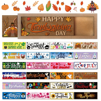 Interchangeable Seasonal Wood Welcome Sign 25-Piece Set – Wooden Frame Table Decor with Swappable Holiday Signs for Fall, Thanksgiving, Halloween & Autumn Wreath Decoration