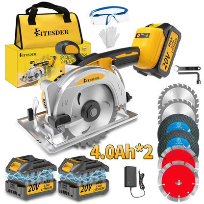 Brushless Circular Saw 5-Inch Kit 6900RPM with Battery & Charger – 45° Bevel Cut, Up to 6 Saw Blades, 2.0AH / 4.0AH Battery Options, Cordless Woodworking Saw for Wood Cutting, Garden & DIY Projects