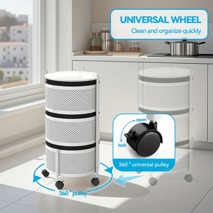 Rotating Storage Rack Multi-Tier Rolling Cart – 360° Swivel Round Floor Standing Organizer with 4 or 5 Layers, Vegetable Basket & File Rack for Kitchen, Bathroom, Office & Living Room (Black / White)