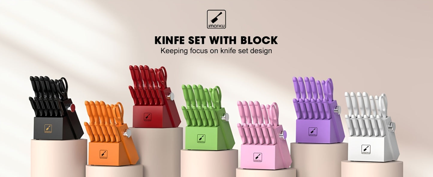 Knife Block Set 14 Piece Pink – Japanese Stainless Steel Kitchen Knife Set with Built-in Sharpener, Non-Slip Ergonomic Handles, Dishwasher Safe, Perfect Holiday & Housewarming Gift for Women