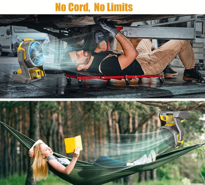 Cordless Jobsite Fan Compatible with DeWalt 20V Max Battery, LED Light Auto Oscillating 180° Tilt Adjustable Speed, Portable Battery Powered Fan with Hanging Hook for Camping, Garage and RV